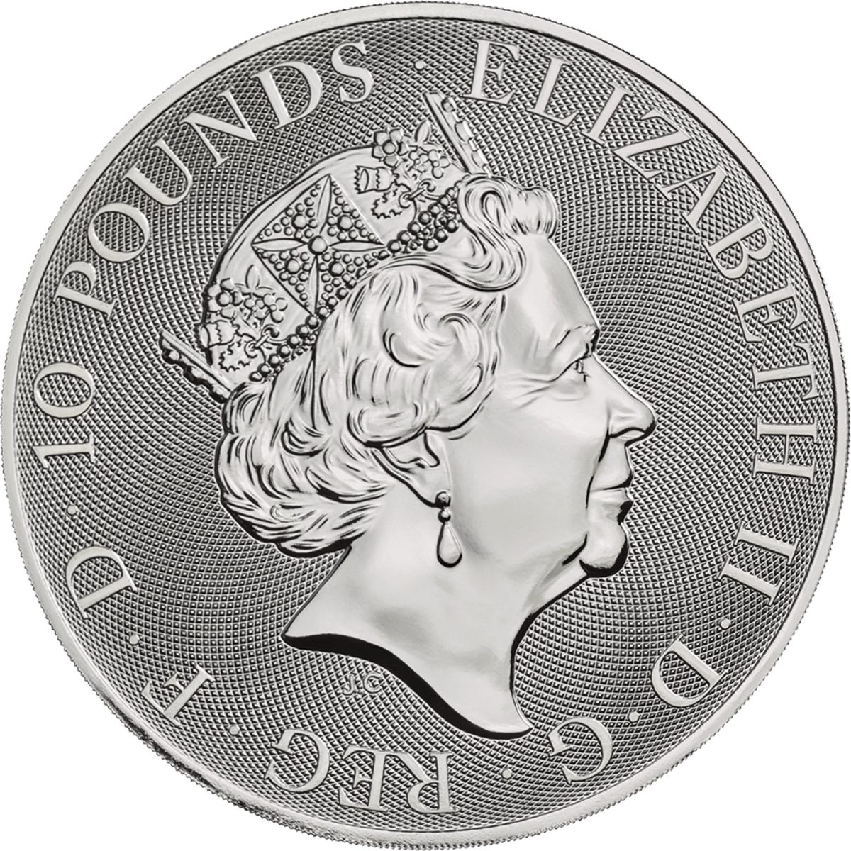 10 Pounds - Elizabeth II Black Bull of Clarence; 10 oz Fine Silver obverse