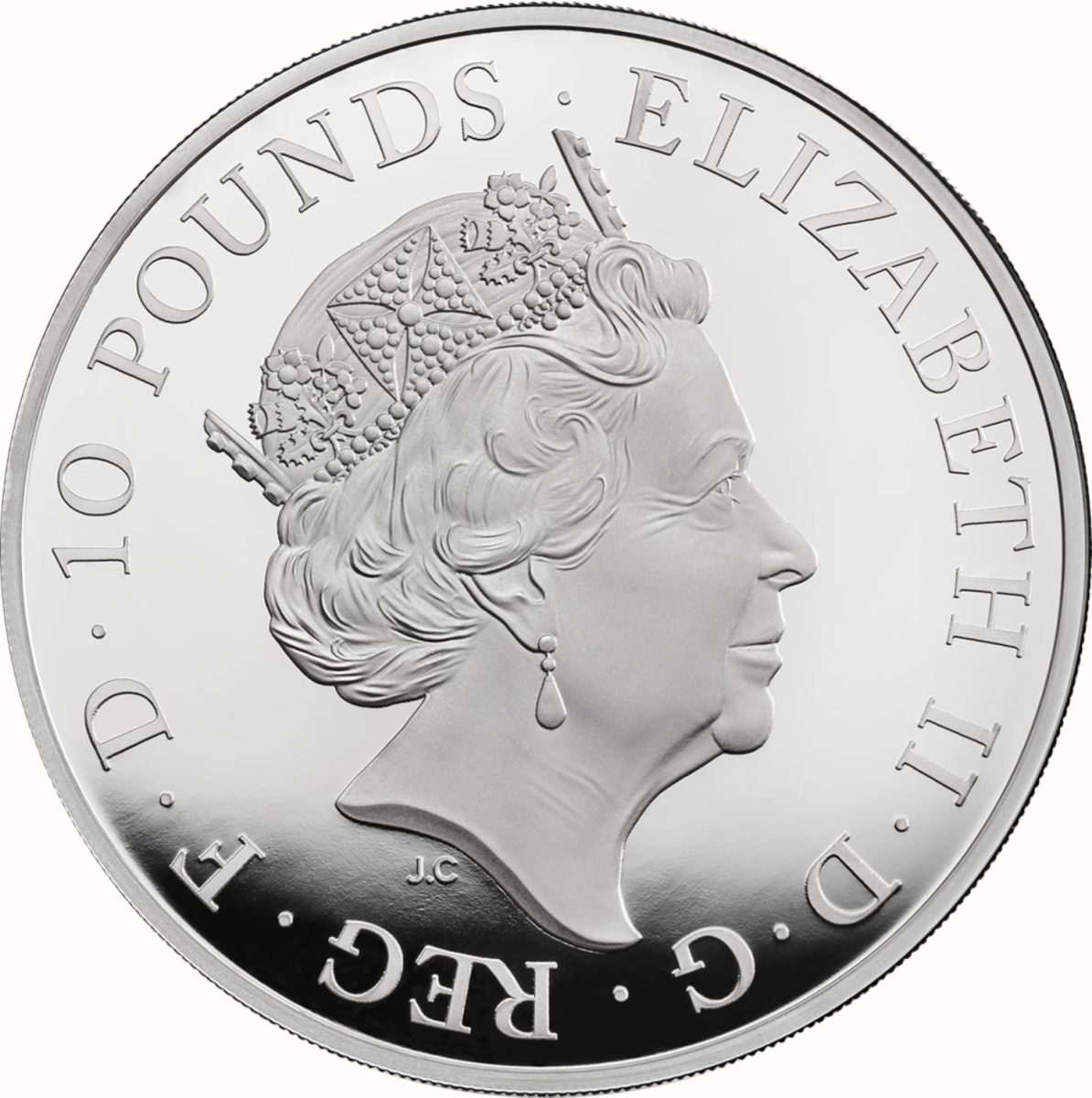 10 Pounds - Elizabeth II Black Bull of Clarence; Silver Proof obverse