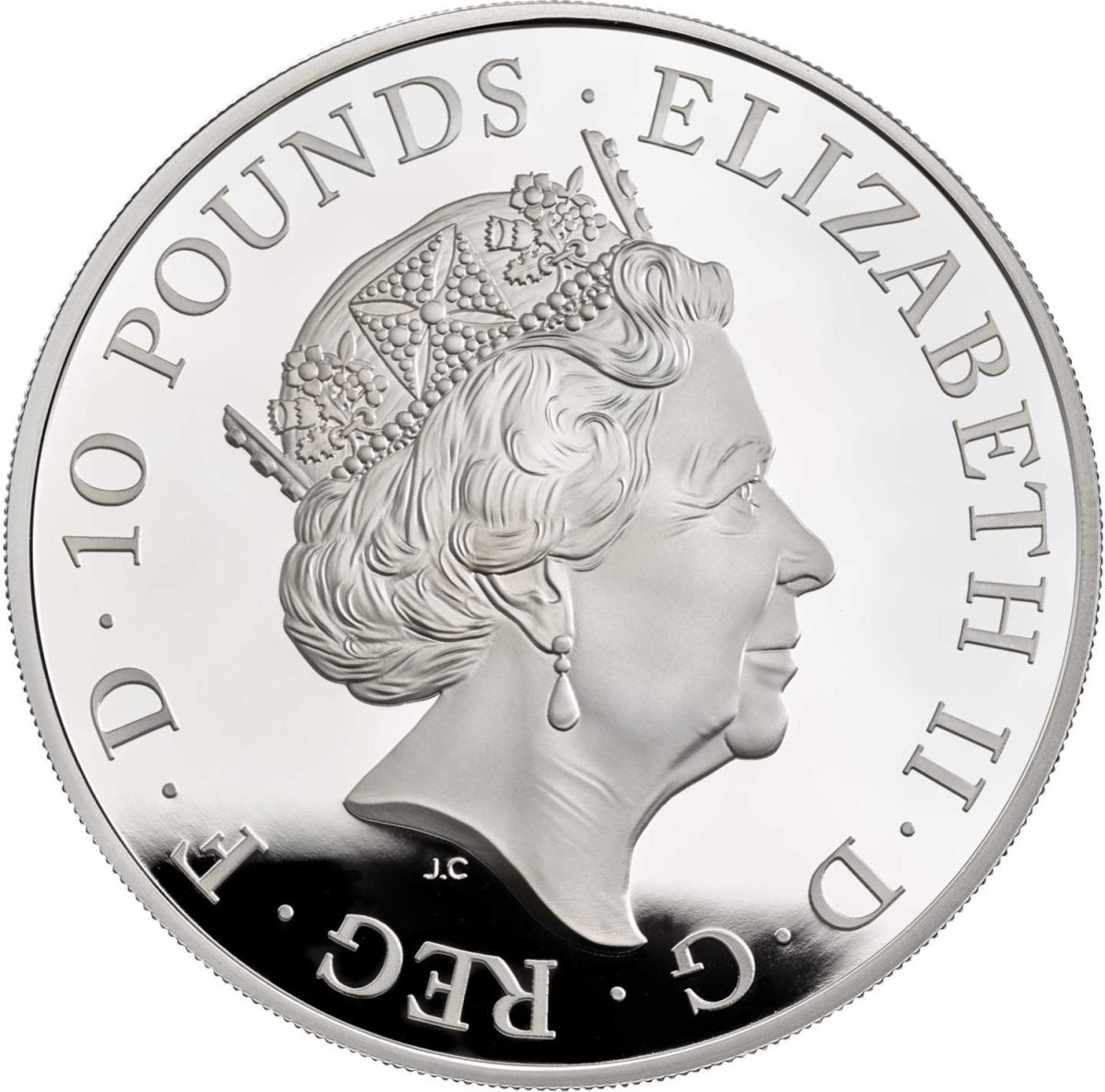 10 Pounds - Elizabeth II Falcon of Plantagenets; Silver Proof obverse