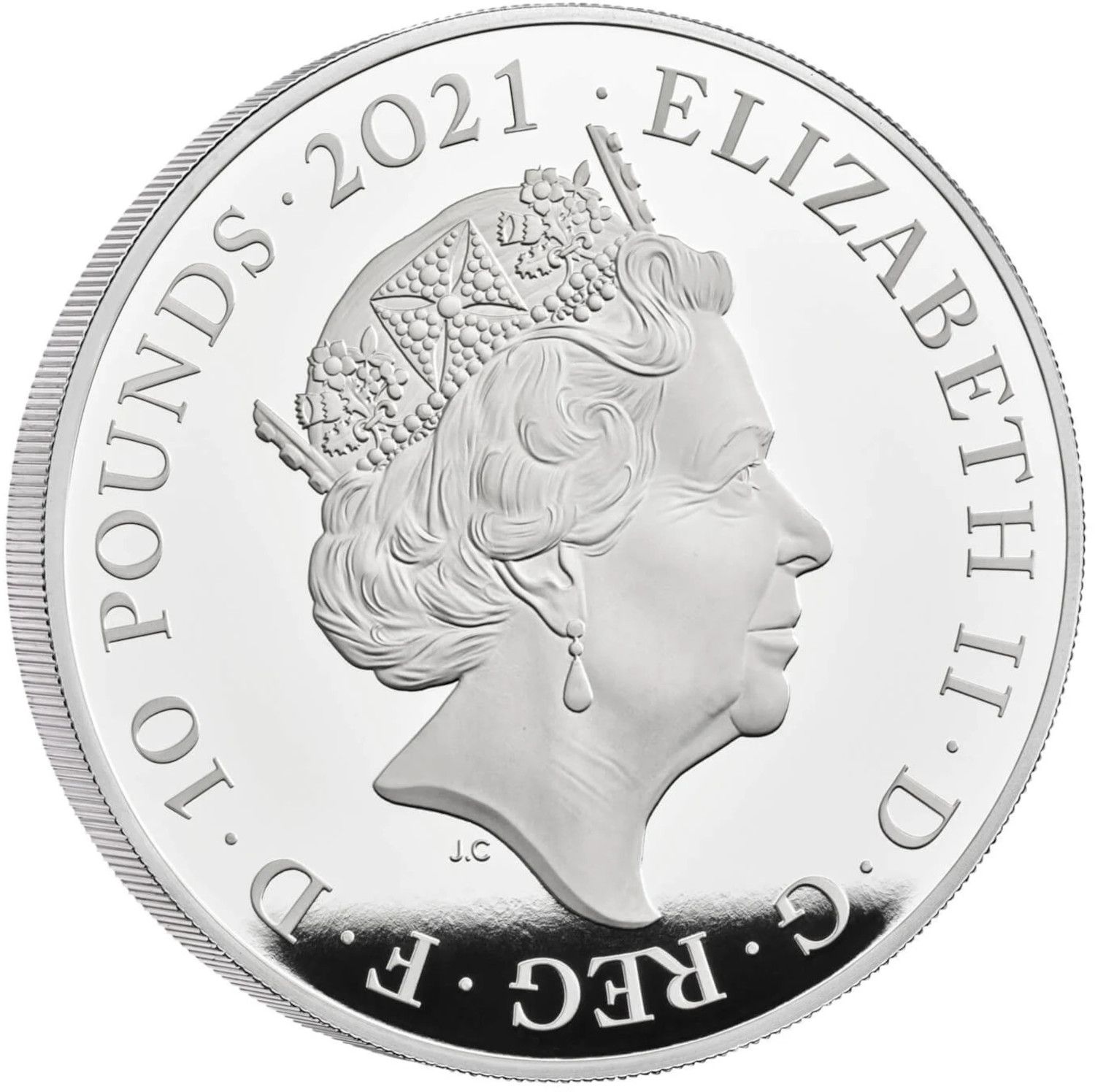 10 Pounds - Elizabeth II Gothic Crown Portrait; Silver Piedfort obverse