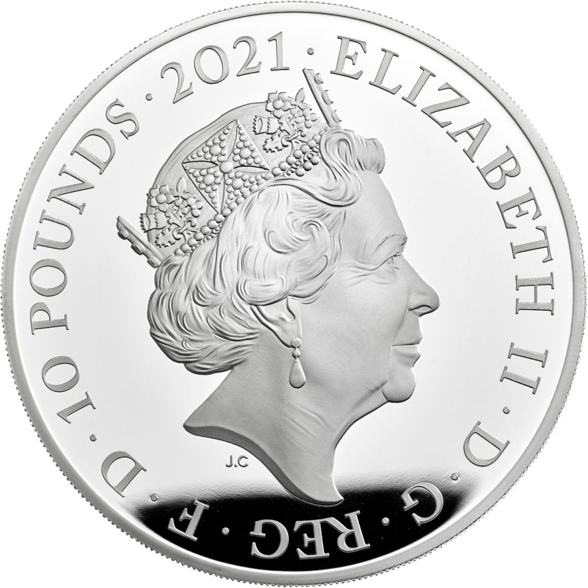 10 Pounds - Elizabeth II Gothic Crown Quartered Arms; Silver Proof obverse