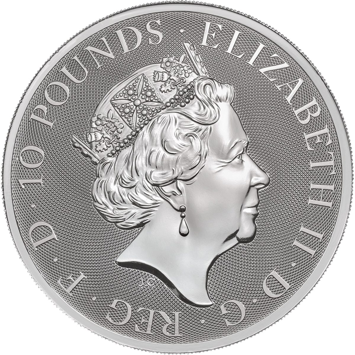 10 Pounds - Elizabeth II Griffin of Edward III; 10 oz Fine Silver obverse