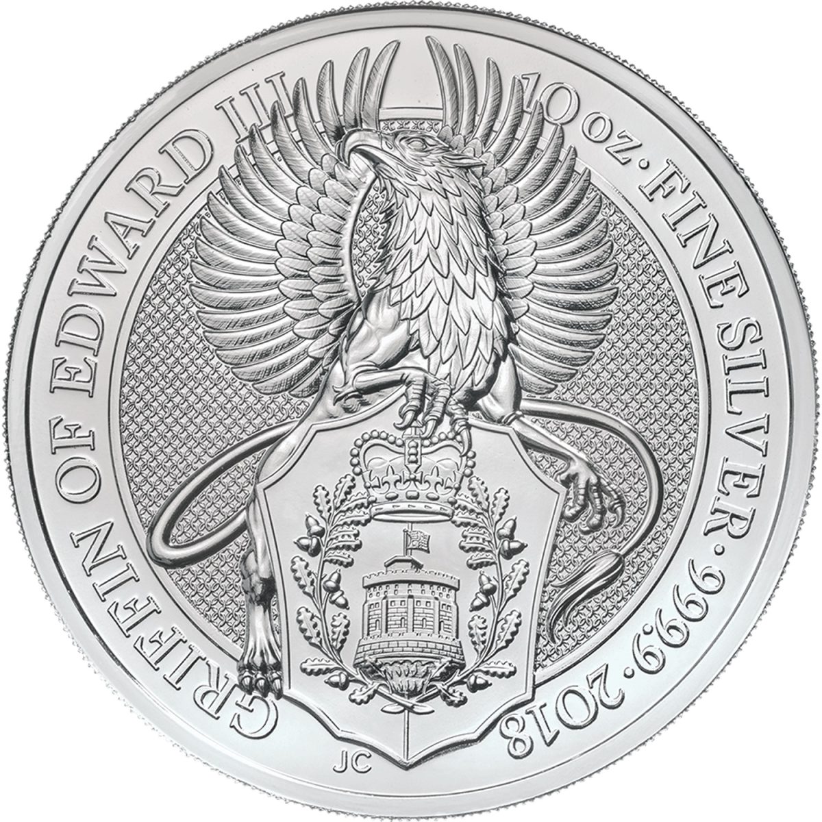 10 Pounds - Elizabeth II Griffin of Edward III; 10 oz Fine Silver reverse
