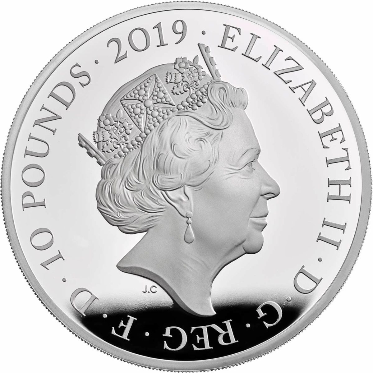 10 Pounds - Elizabeth II Legend of the Ravens; Silver Proof obverse