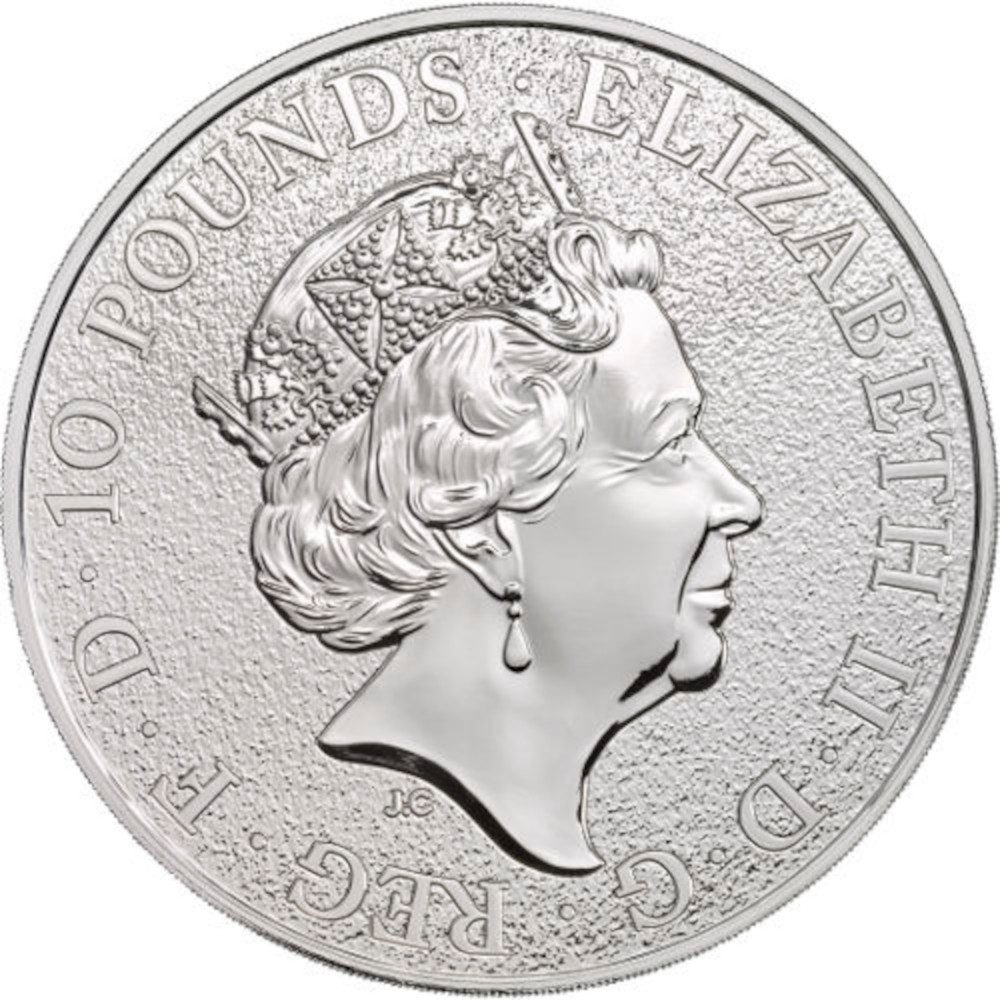 10 Pounds - Elizabeth II Lion of England; 10 oz Fine Silver obverse