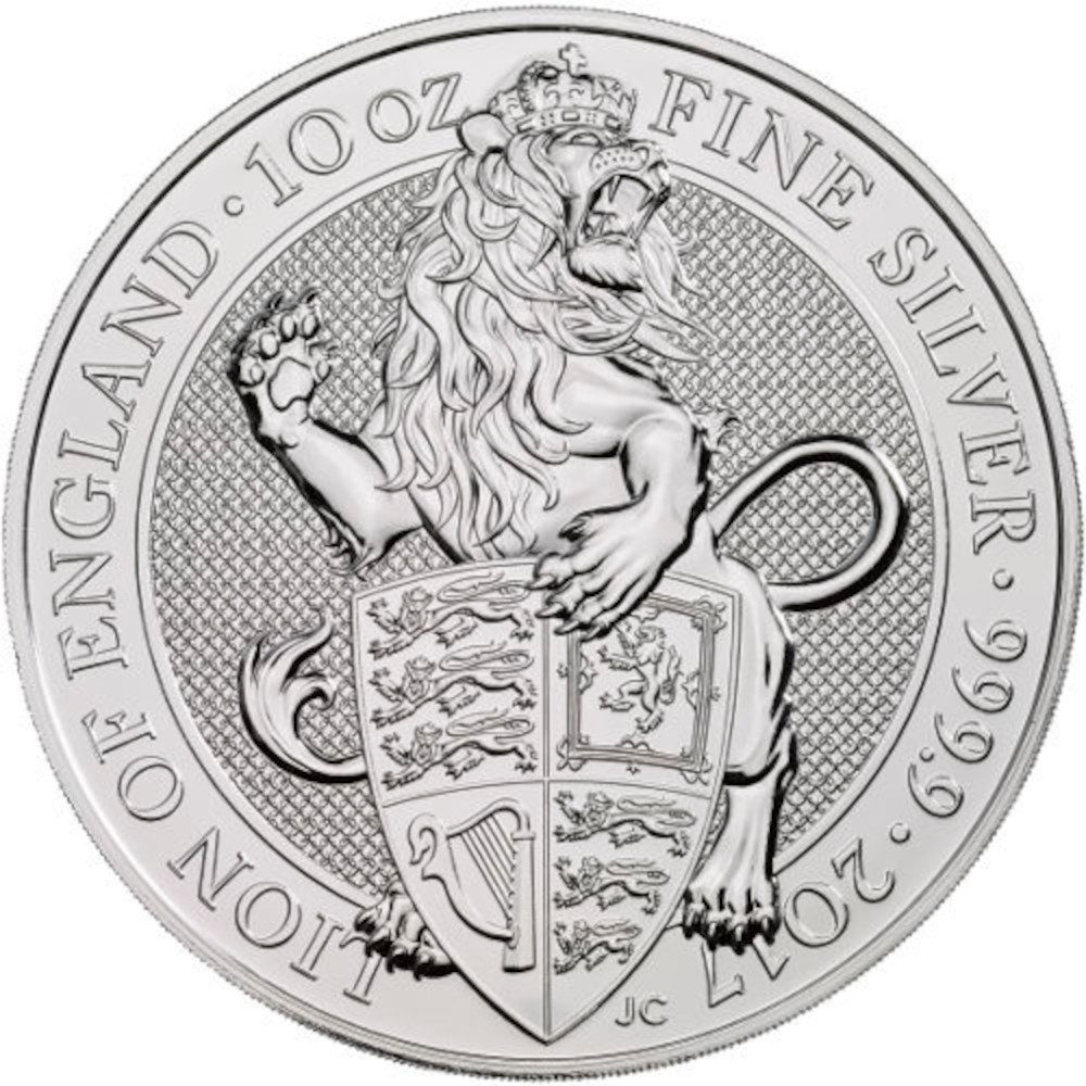 10 Pounds - Elizabeth II Lion of England; 10 oz Fine Silver