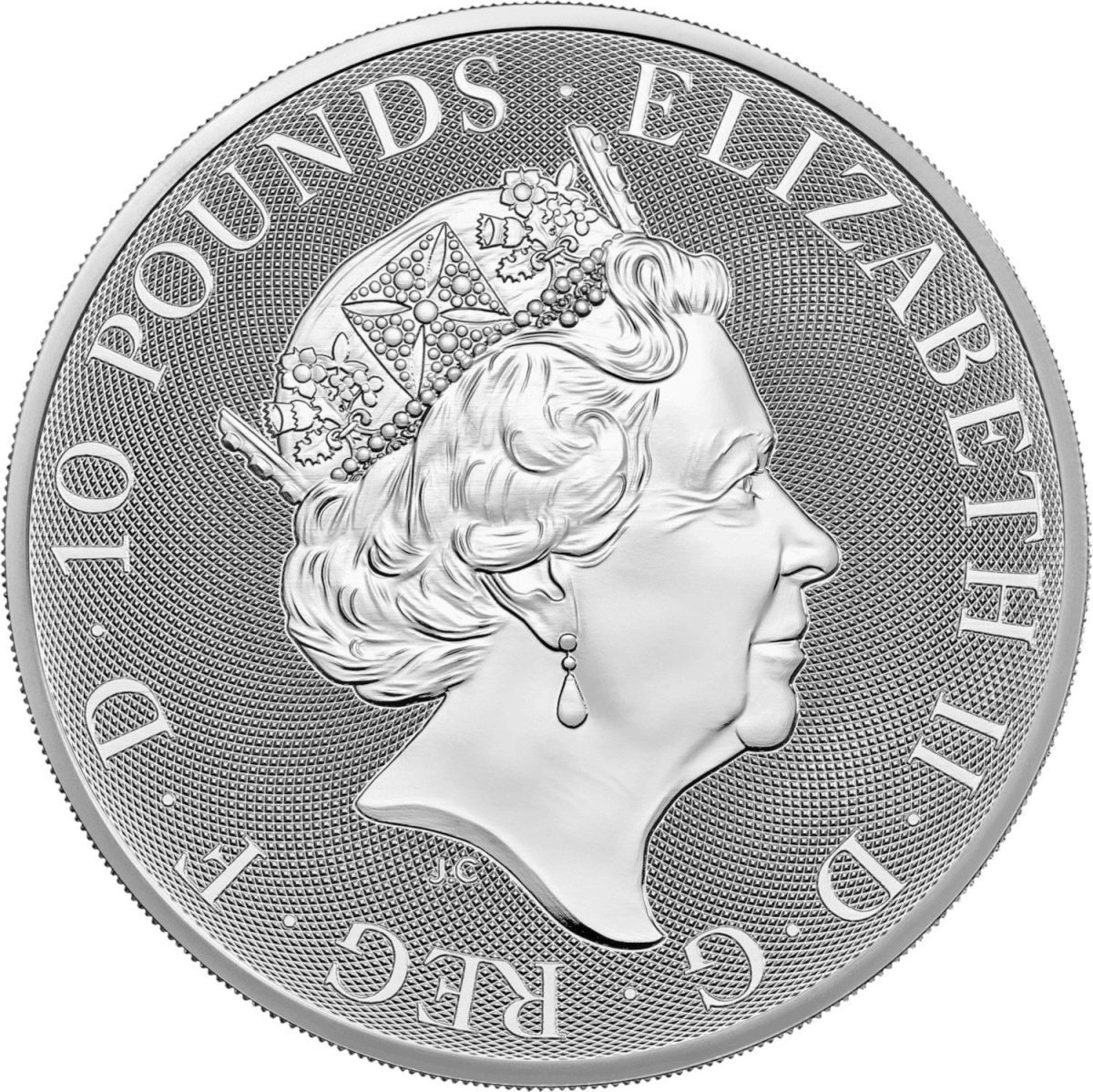 10 Pounds - Elizabeth II Lion of England; 10 oz Fine Silver obverse