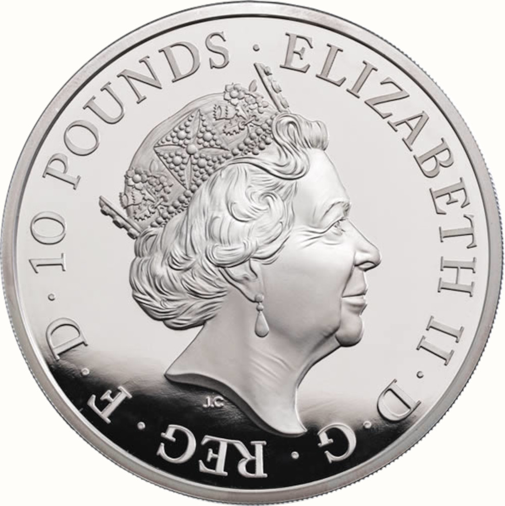 10 Pounds - Elizabeth II Lion of England; Silver Piedfort obverse