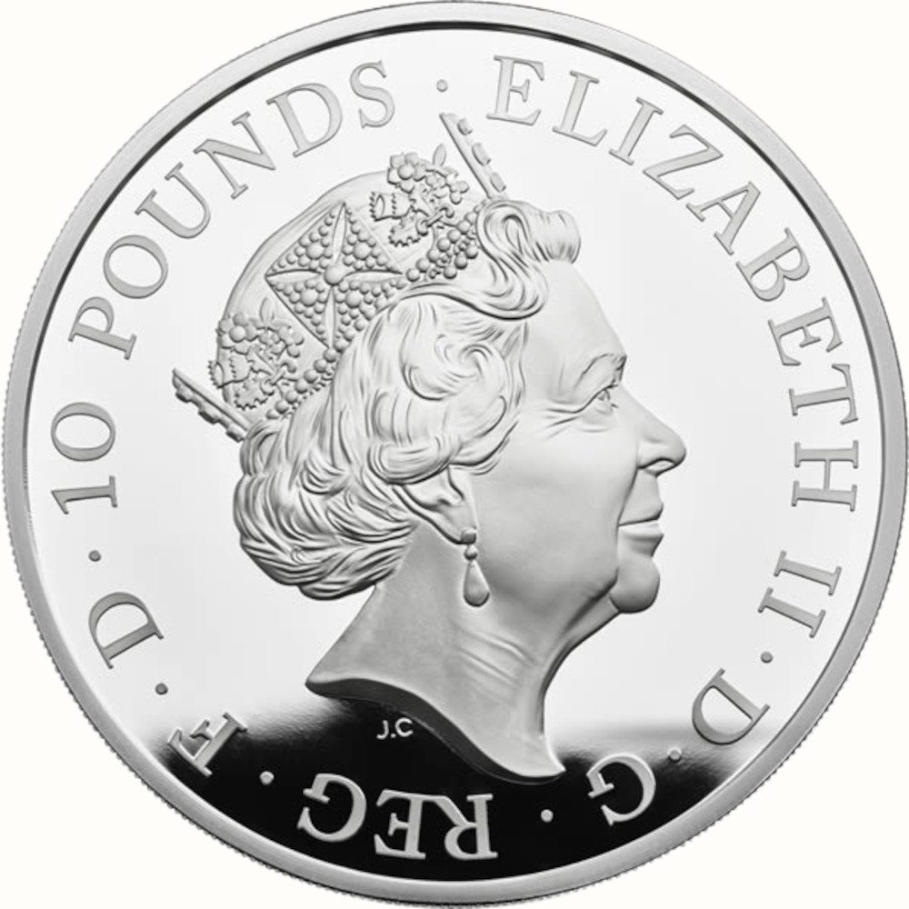 10 Pounds - Elizabeth II Lion of England; Silver Proof obverse