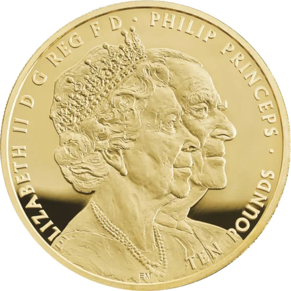 10 Pounds - Elizabeth II Platinum Wedding; Gold Proof obverse