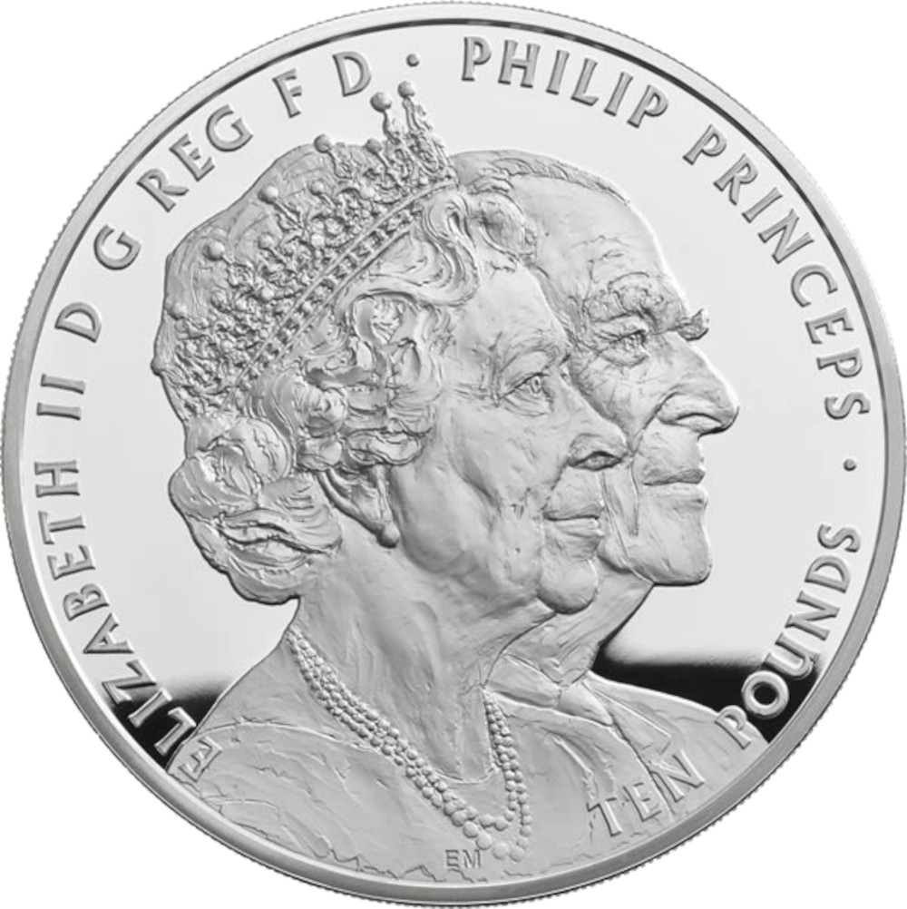 10 Pounds - Elizabeth II Platinum Wedding; Silver Proof obverse