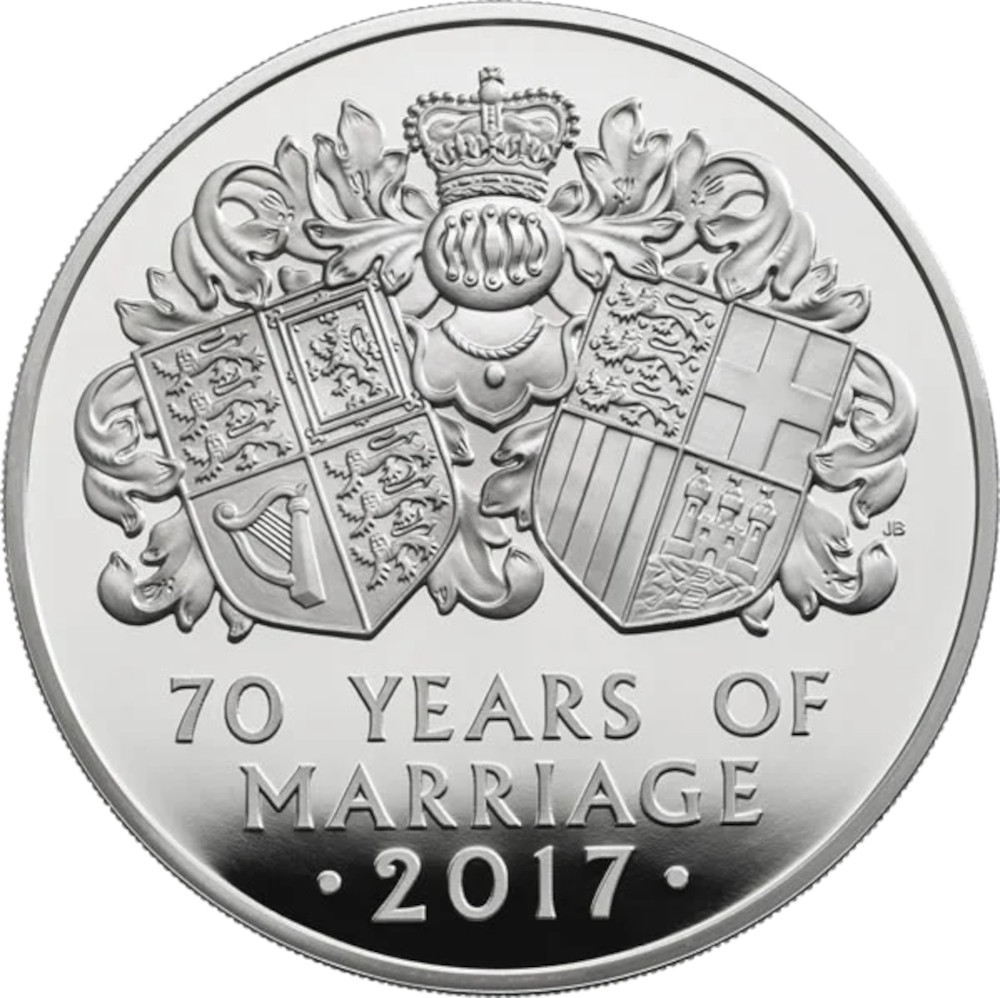 10 Pounds - Elizabeth II Platinum Wedding; Silver Proof reverse