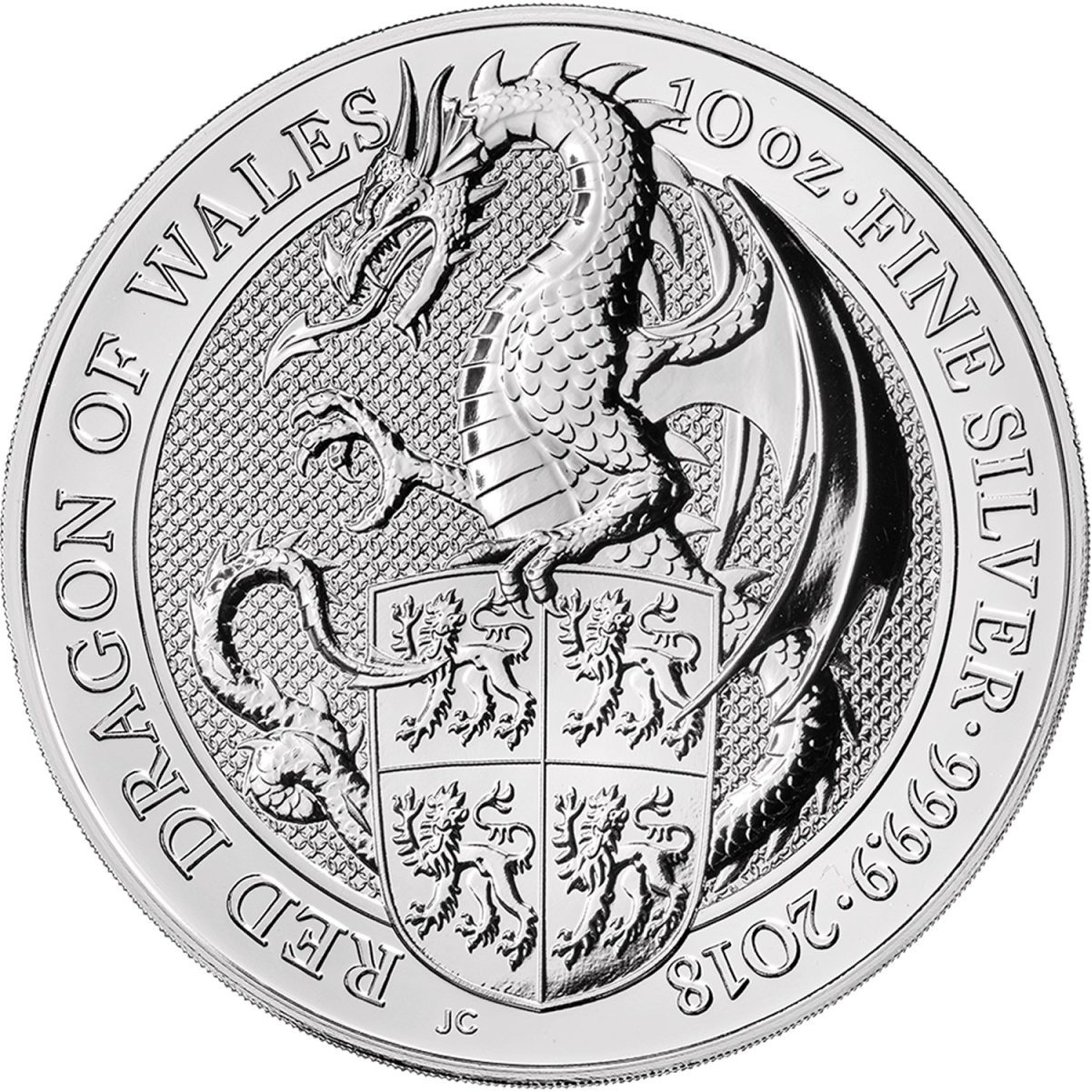 10 Pounds - Elizabeth II Red Dragon of Wales; 10 oz Fine Silver reverse