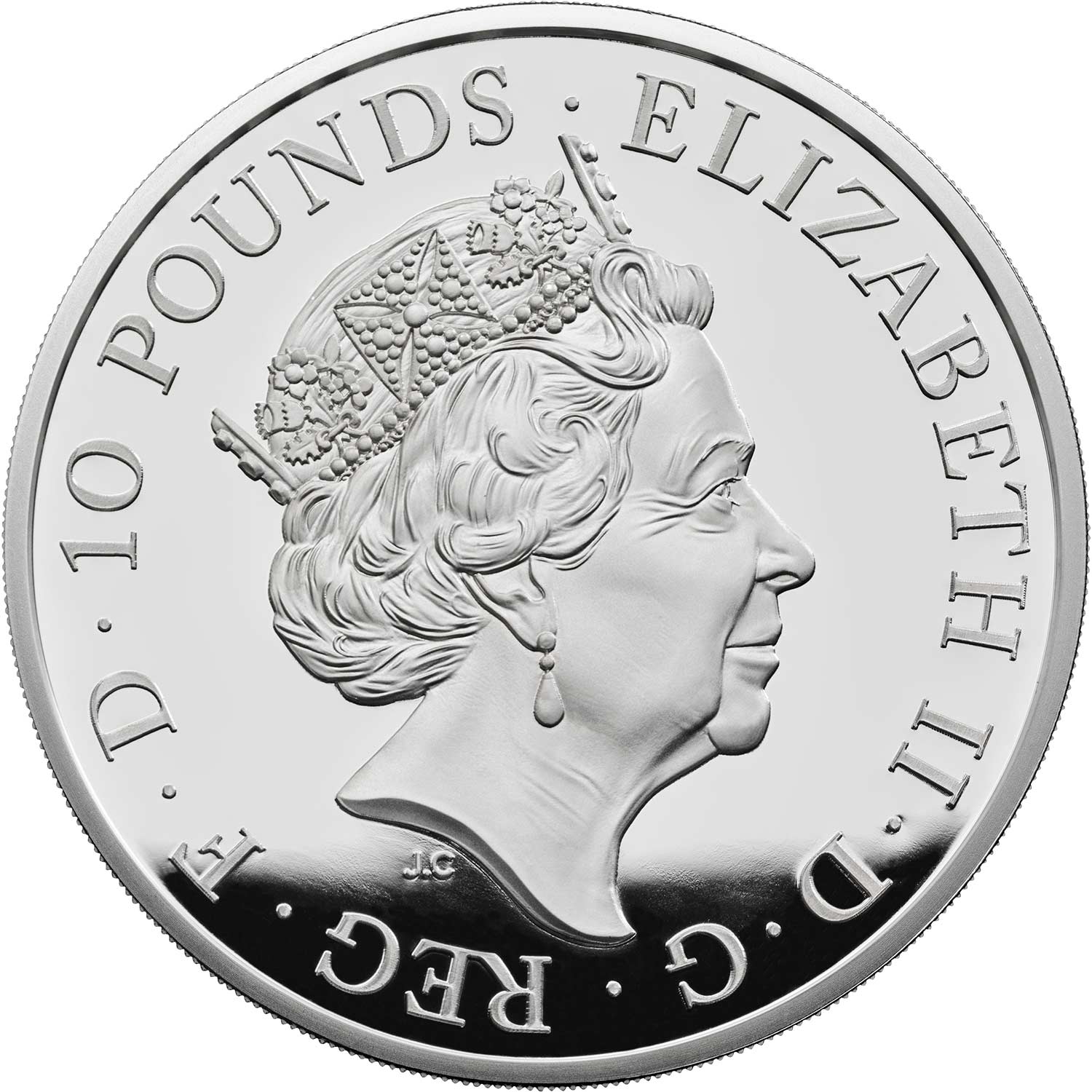 10 Pounds - Elizabeth II Red Dragon of Wales; Silver Proof obverse