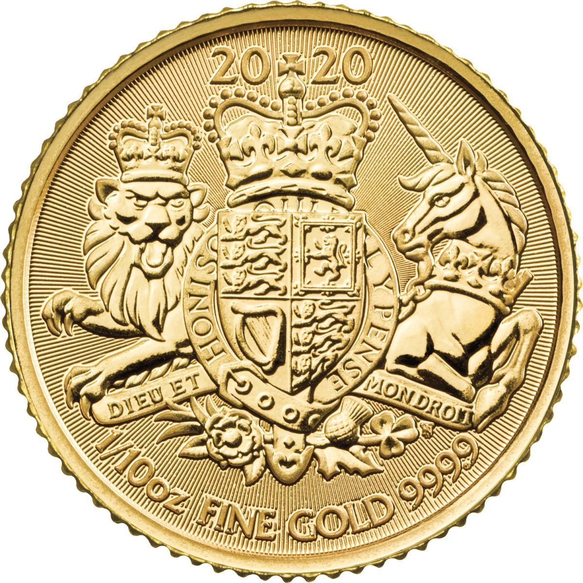 10 Pounds - Elizabeth II Royal Arms; 1/10 oz Fine Gold