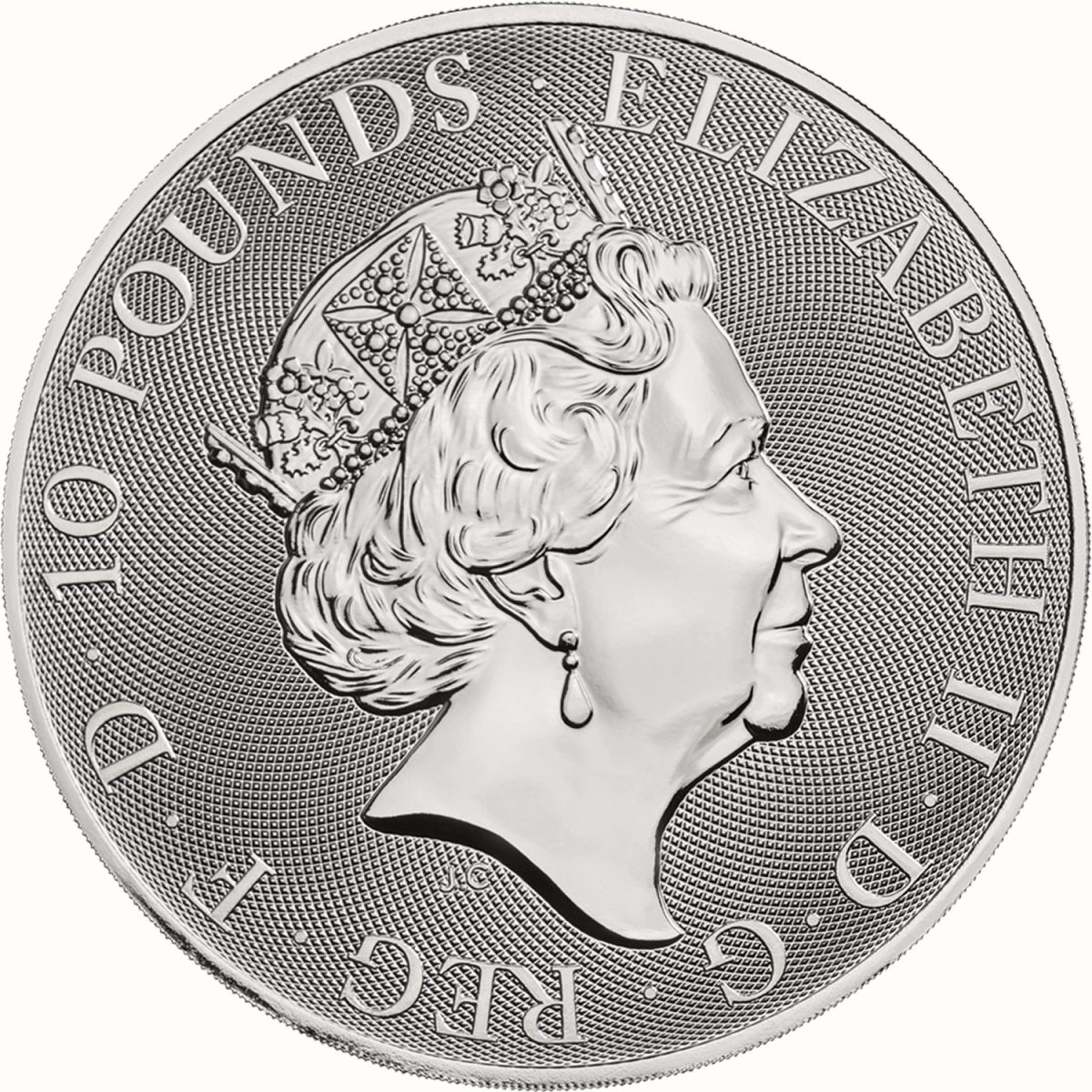 10 Pounds - Elizabeth II Royal Arms; 10 oz Fine Silver obverse