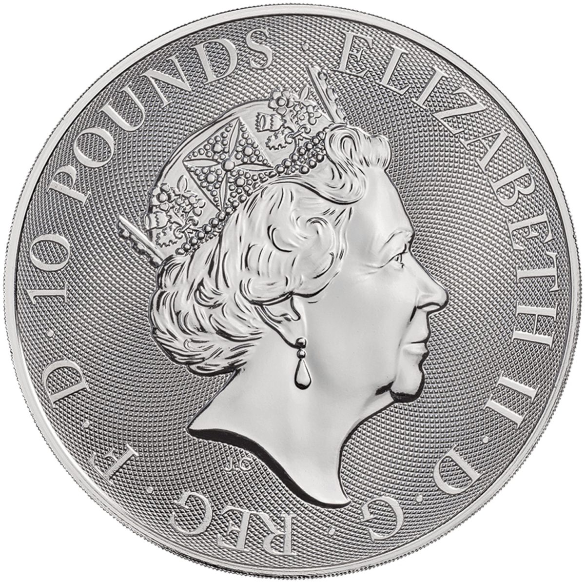 10 Pounds - Elizabeth II Unicorn of Scotland; 10 oz Fine Silver obverse