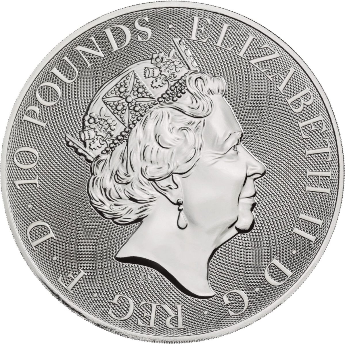 10 Pounds - Elizabeth II White Greyhound of Richmond; 10 oz Fine Silver obverse