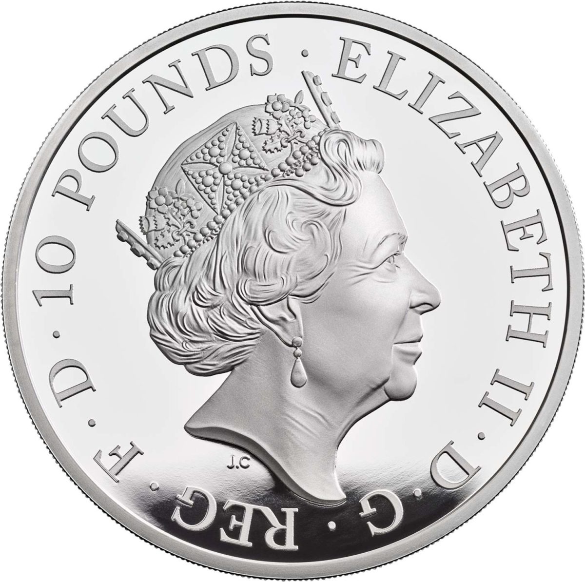 10 Pounds - Elizabeth II White Greyhound of Richmond; Silver Proof obverse