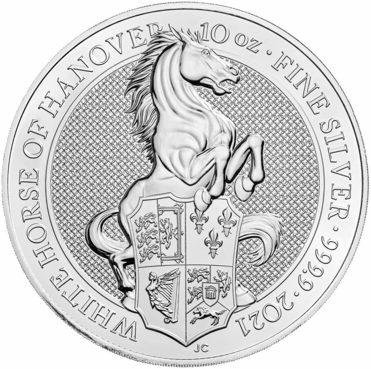 10 Pounds - Elizabeth II White Horse of Hanover; 10 oz Fine Silver reverse