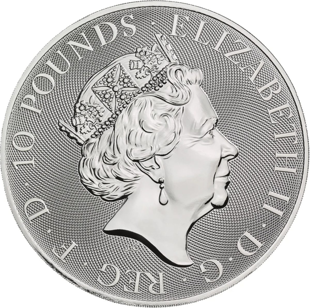 10 Pounds - Elizabeth II White Lion of Mortimer; 10 oz Fine Silver obverse