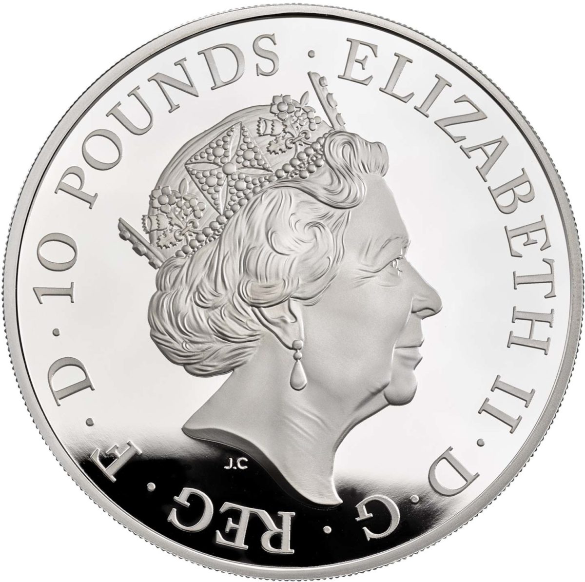 10 Pounds - Elizabeth II White Lion of Mortimer; Silver Proof obverse