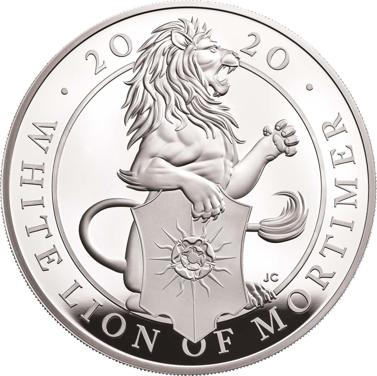 10 Pounds - Elizabeth II White Lion of Mortimer; Silver Proof reverse
