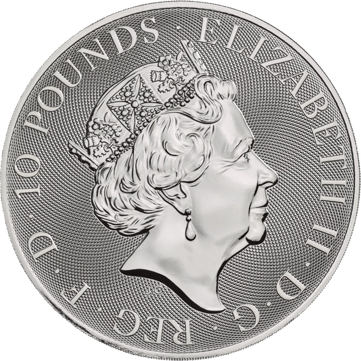 10 Pounds - Elizabeth II Yale of Beaufort; 10 oz Fine Silver obverse