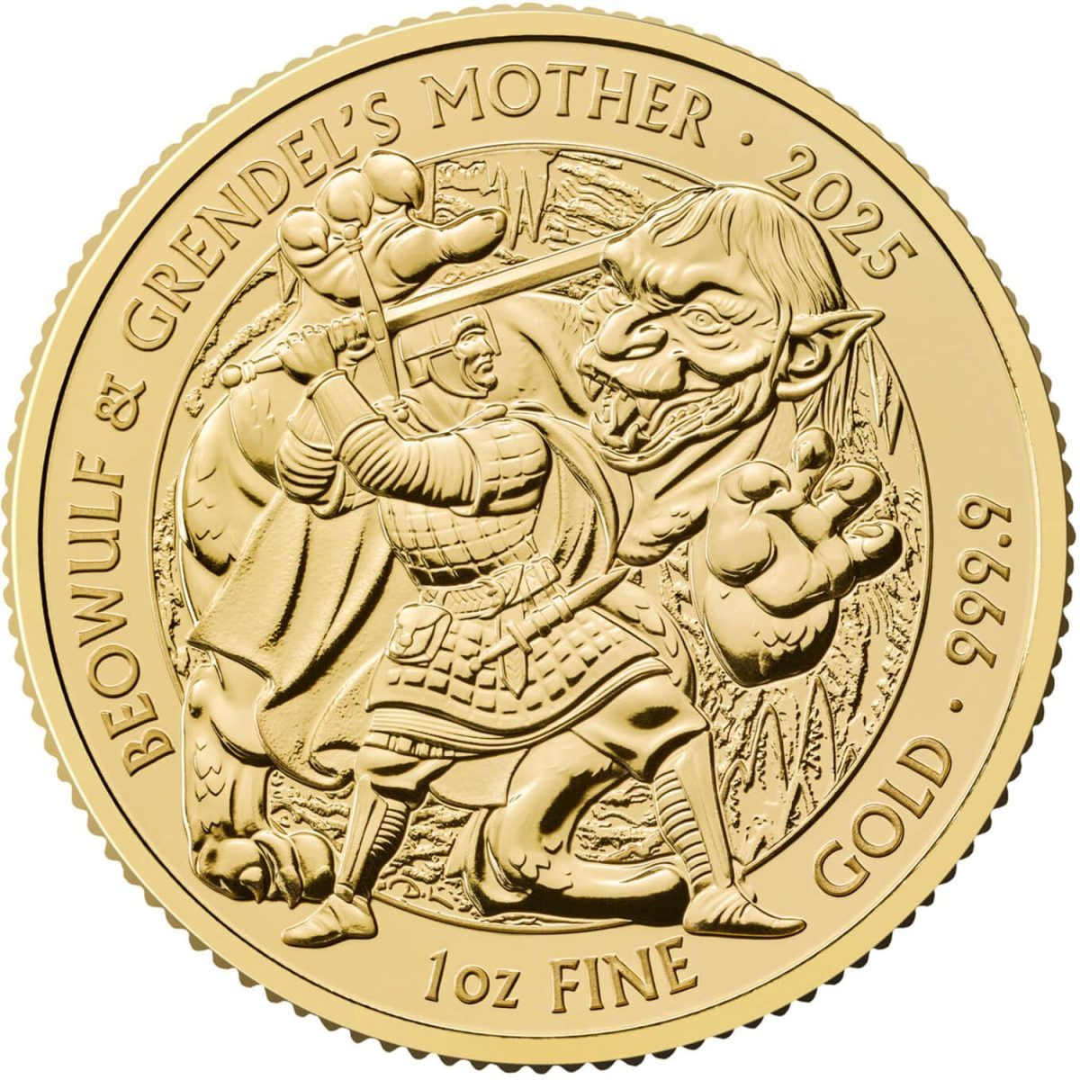 100 Pounds - Charles III Beowulf & Grendel's Mother; 1 oz Fine Gold