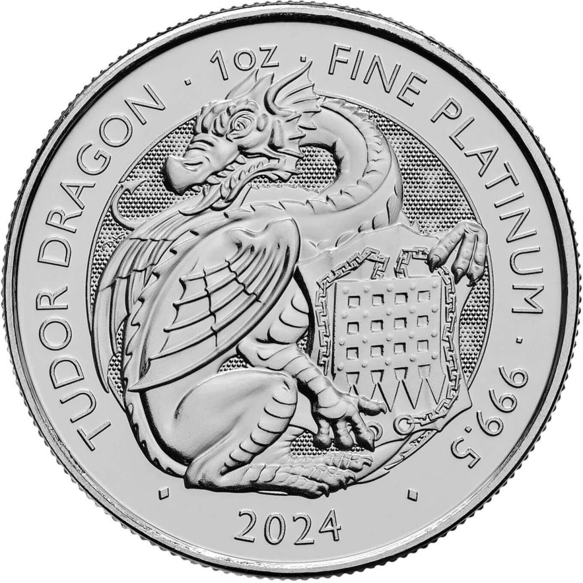 100 Pounds - Charles III Tudor Dragon; 1 oz Fine Platinum reverse