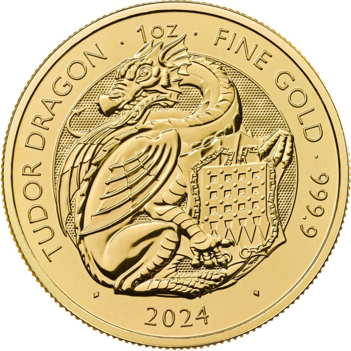 100 Pounds - Charles III Tudor Dragon; 1oz Fine Gold reverse