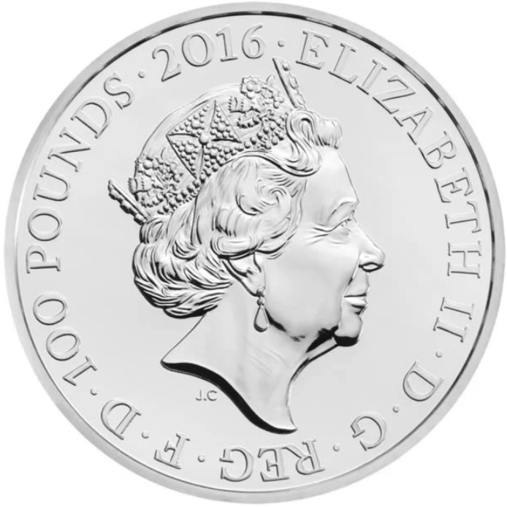 100 Pounds - Elizabeth II 2 oz Fine Silver; Trafalgar Square obverse