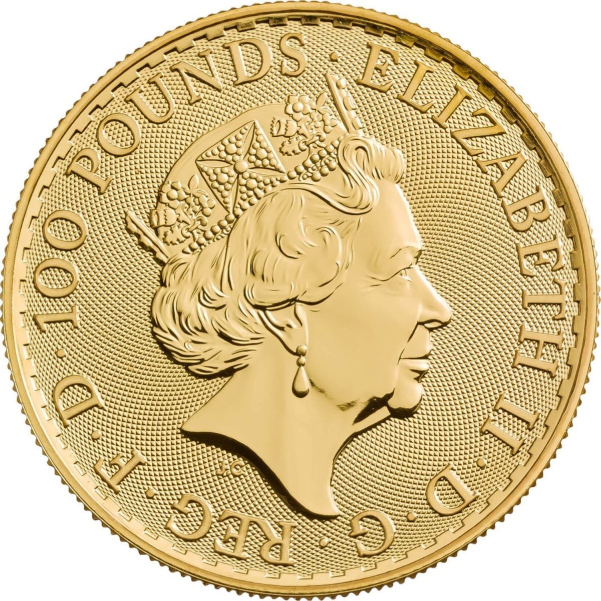 100 Pounds - Elizabeth II 5th portrait; 1 oz Fine Gold, Trident Privy Mark obverse