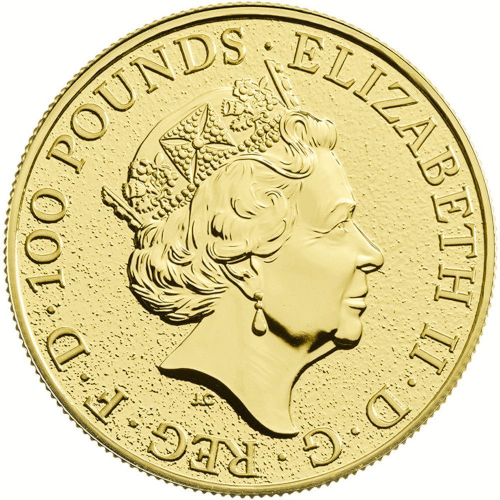 100 Pounds - Elizabeth II Lion of England; 1 oz Fine Gold obverse