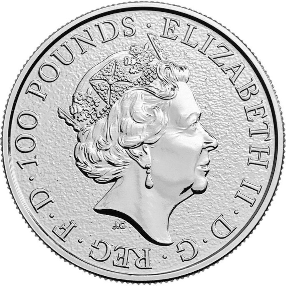 100 Pounds - Elizabeth II Lion of England; 1 oz Fine Platinum obverse