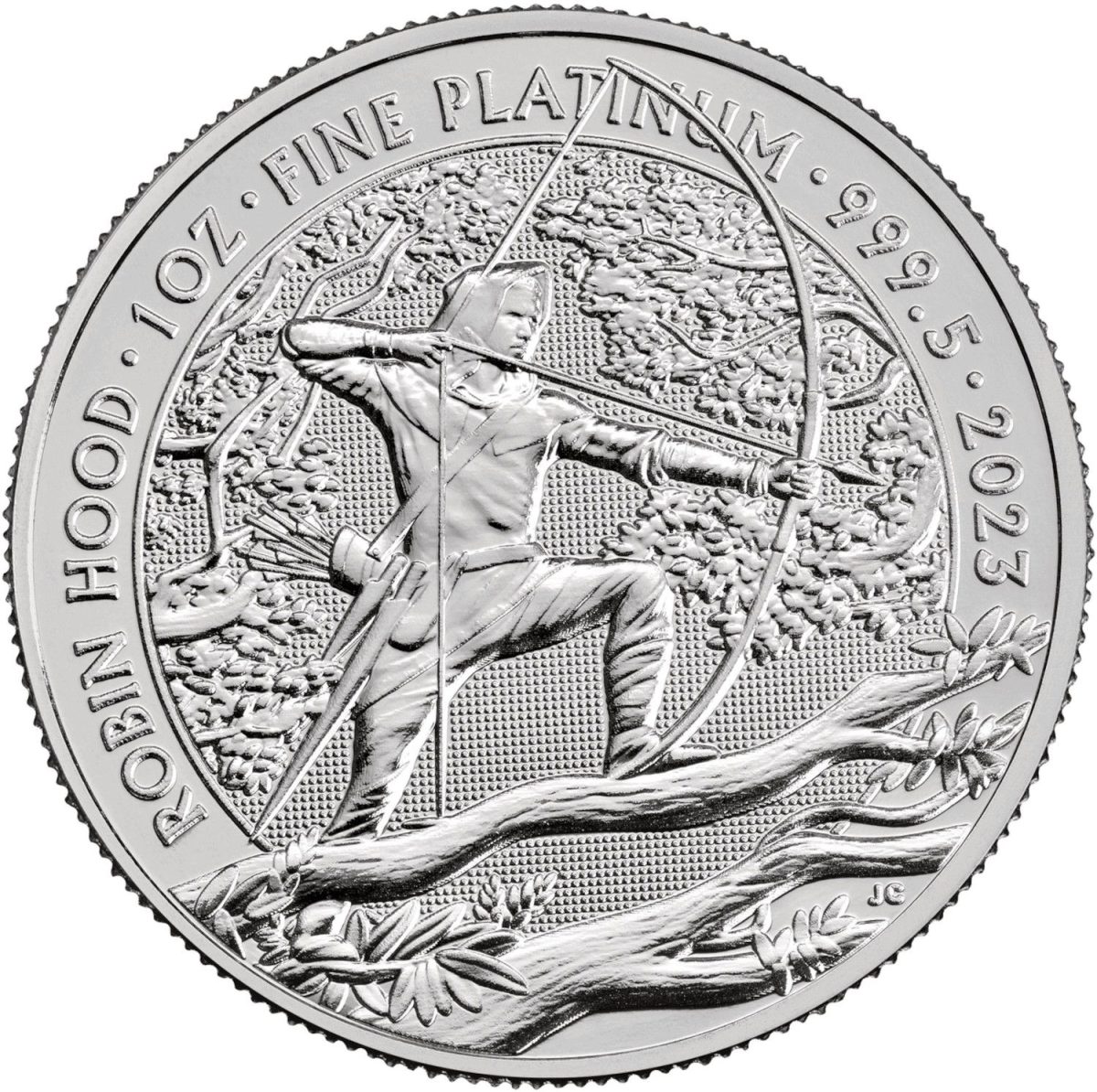 100 Pounds - Elizabeth II Posthumous; Robin Hood; 1 oz Fine Platinum reverse