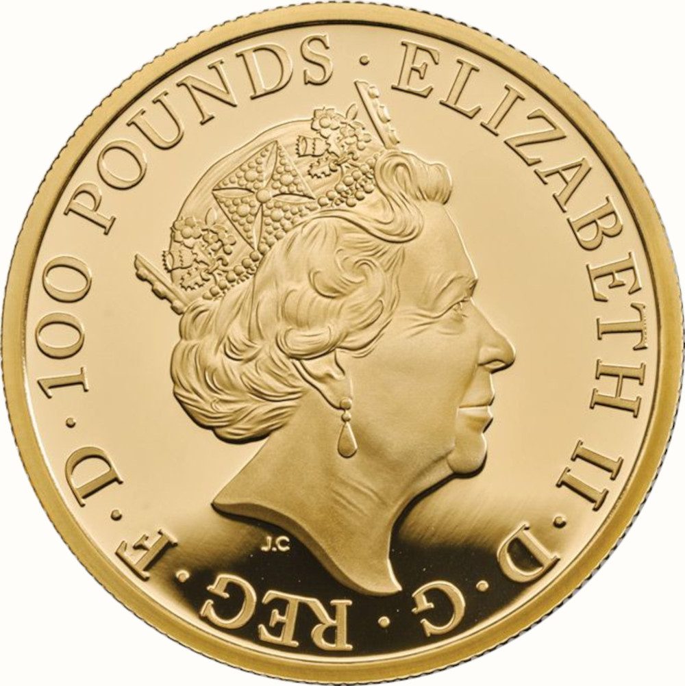 100 Pounds - Elizabeth II Red Dragon of Wales; Gold Proof obverse