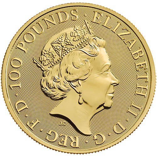 100 Pounds - Elizabeth II Royal Arms; 1 oz Fine Gold obverse