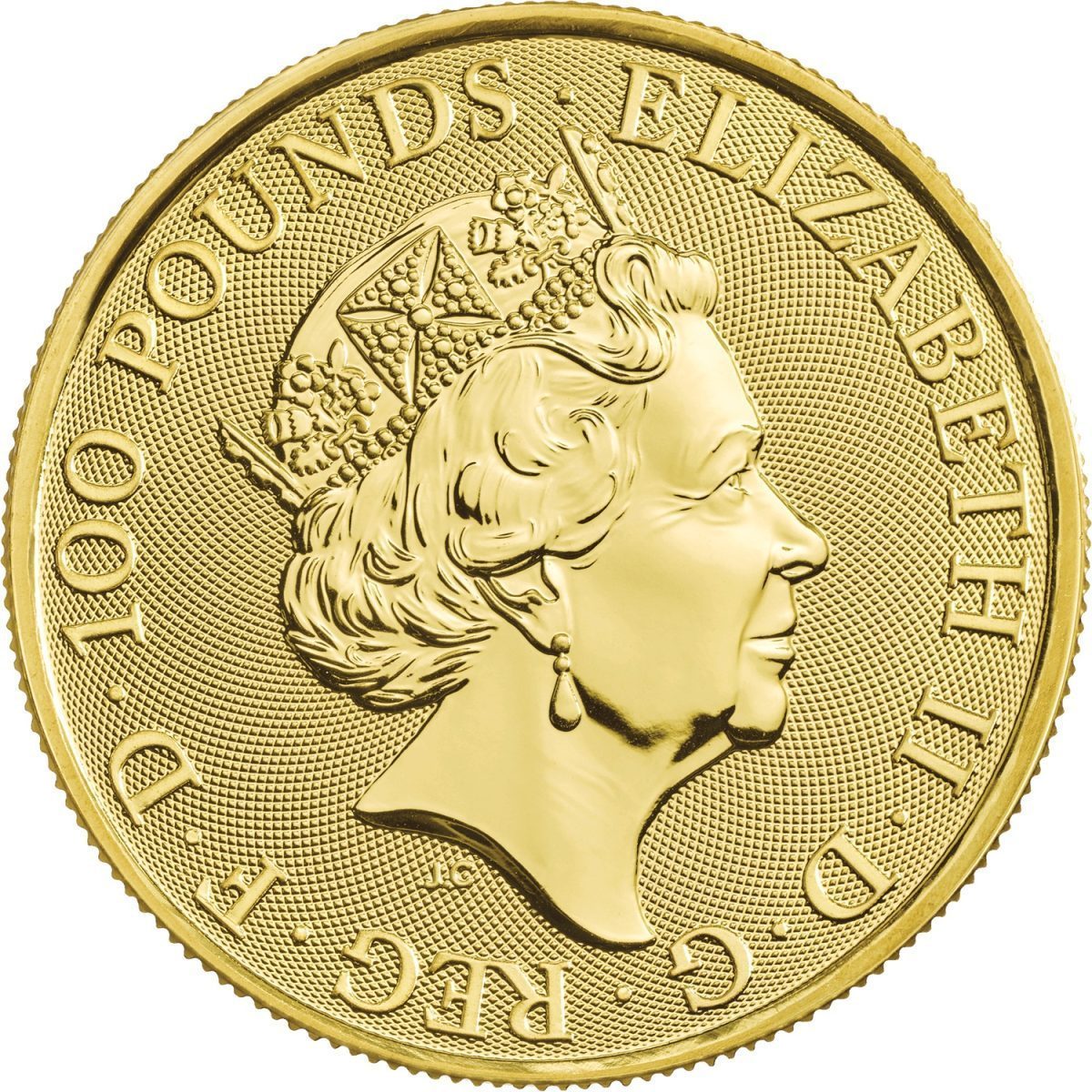 100 Pounds - Elizabeth II White Lion of Mortimer; 1 oz Fine Gold obverse