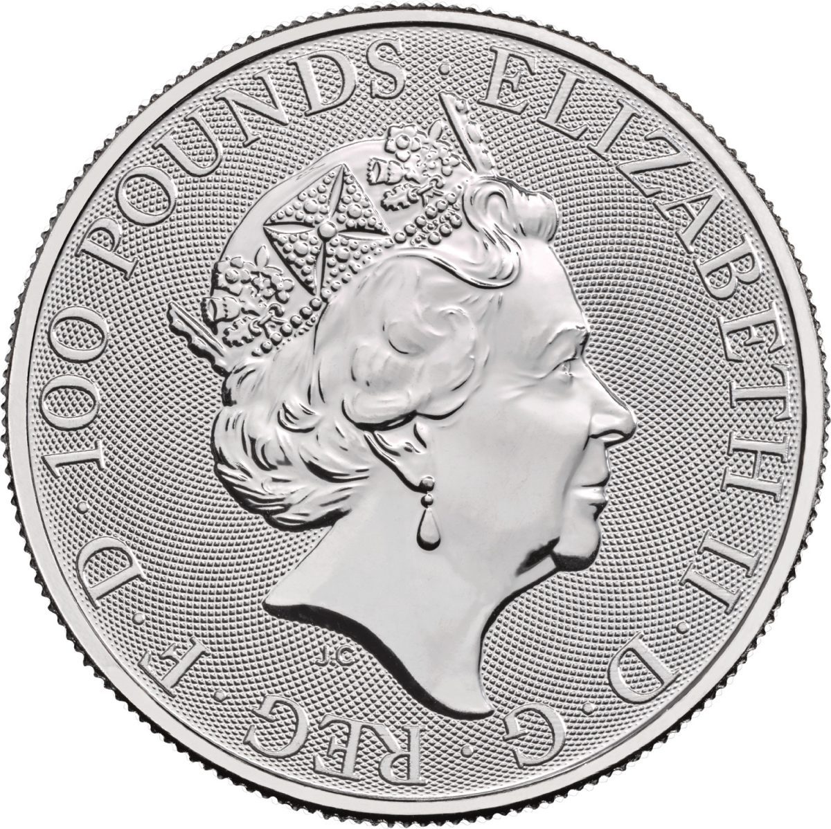 100 Pounds - Elizabeth II White Lion of Mortimer; 1 oz Fine Platinum obverse