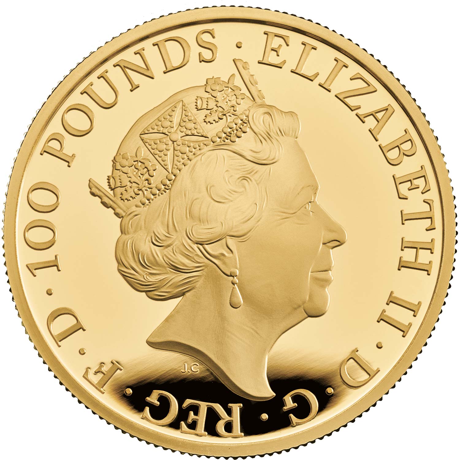 100 Pounds - Elizabeth II White Lion of Mortimer; Gold Proof obverse