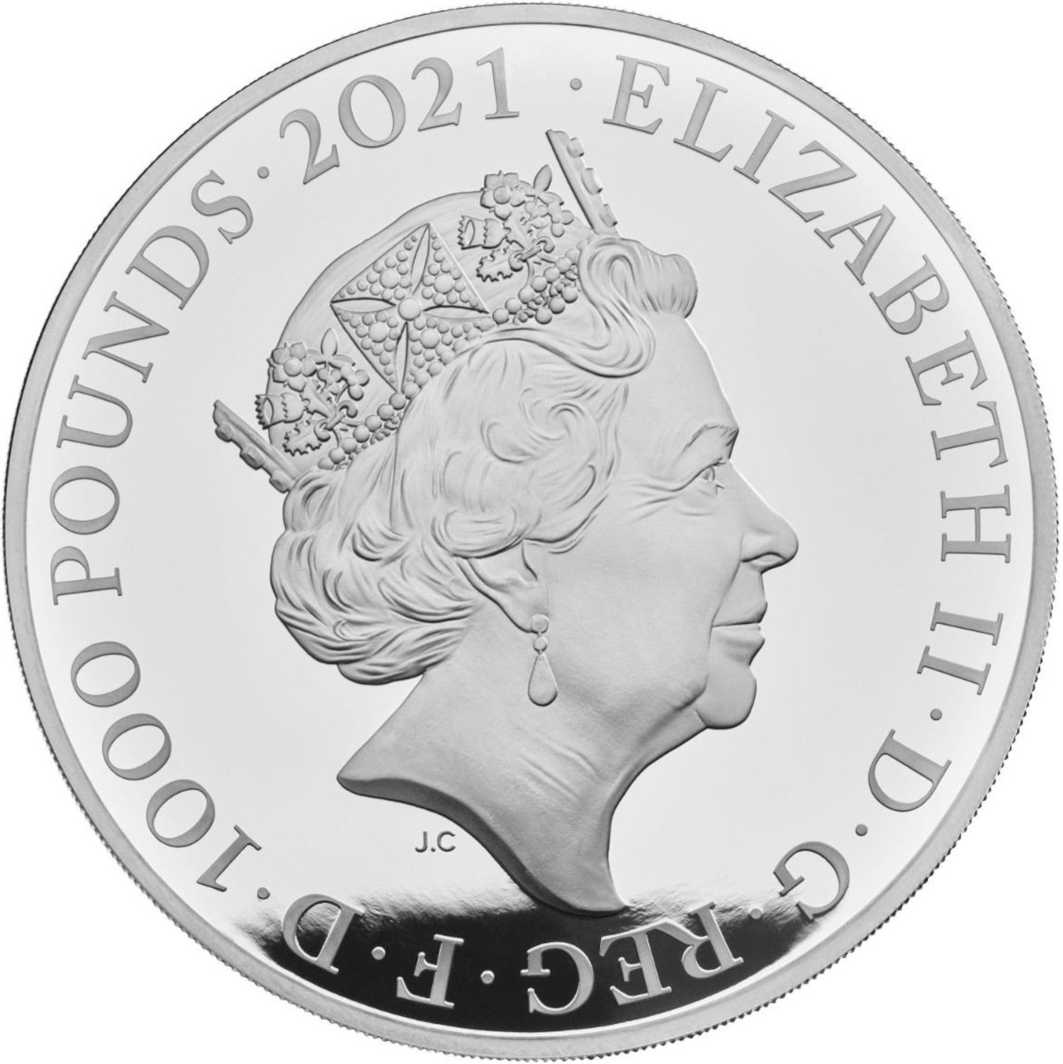 1000 Pounds - Elizabeth II Gothic Crown Portrait; Silver Proof obverse
