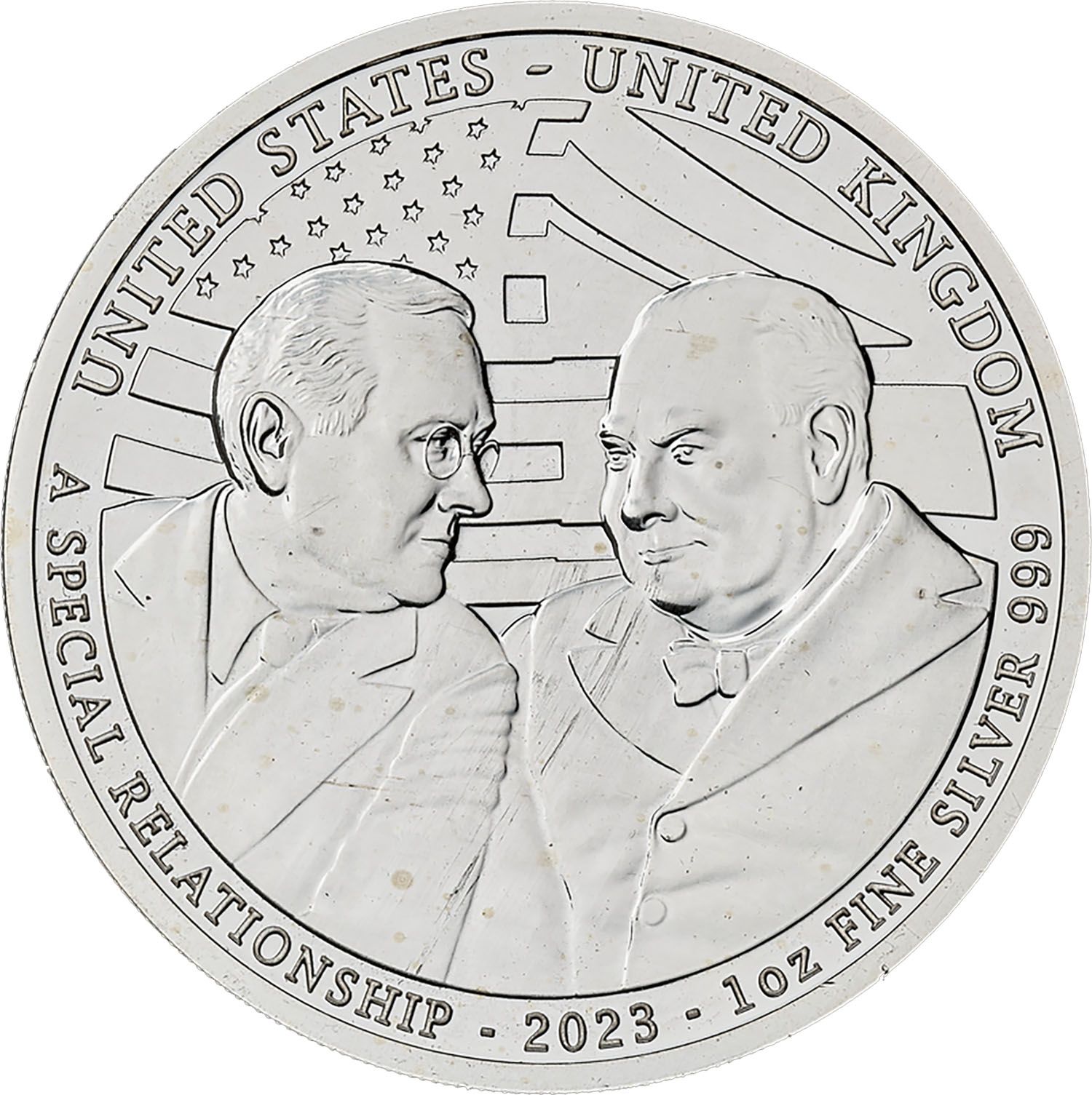 2 Pounds - Charles III Churchill and Roosevelt; 1 oz Fine Silver reverse