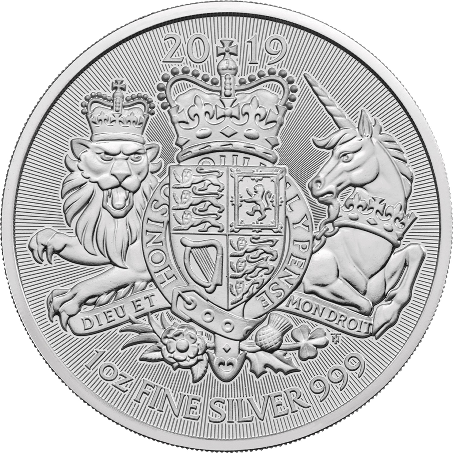 2 Pounds - Elizabeth II Royal Arms; 1 oz Fine Silver reverse