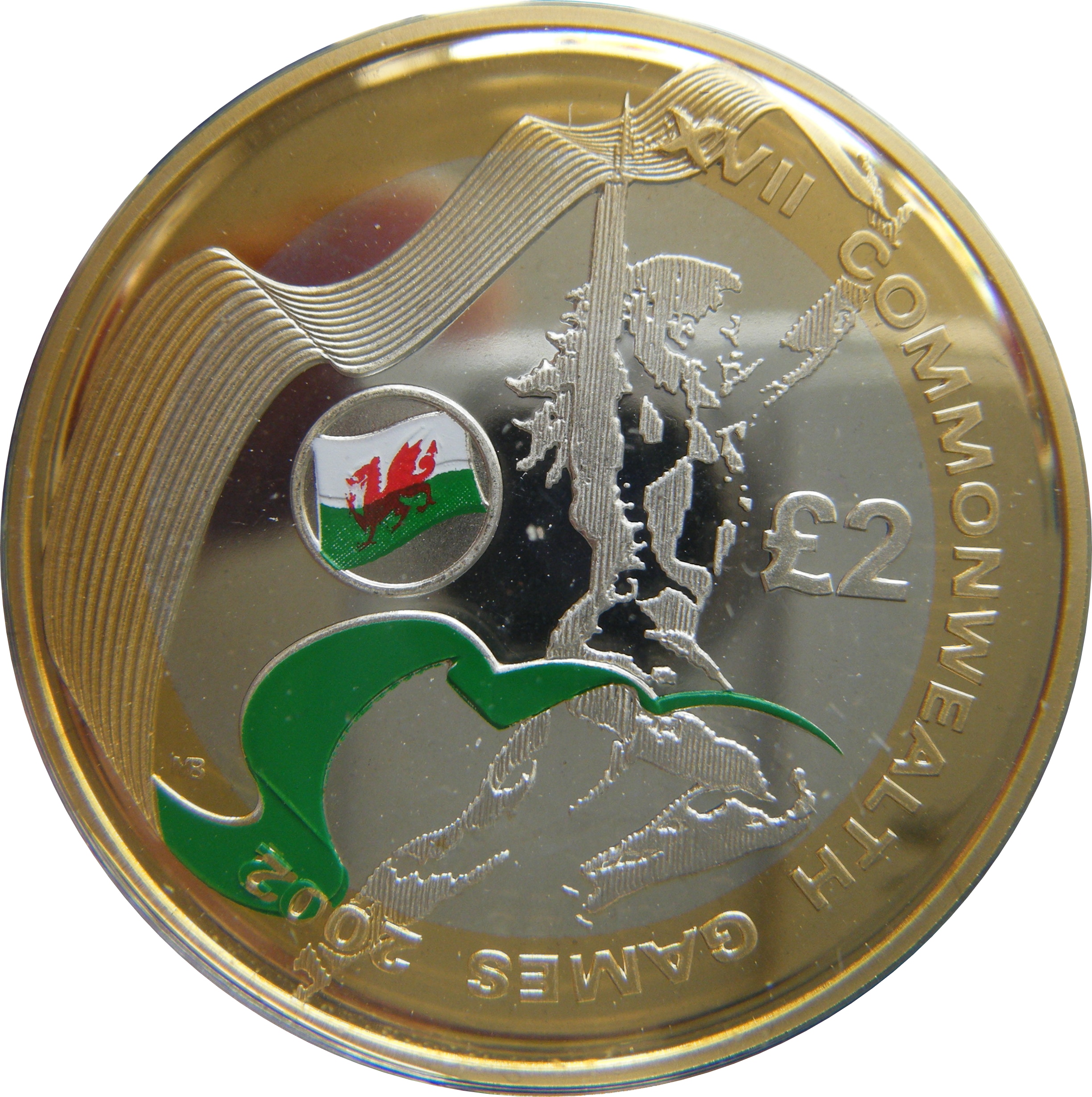 2 Pounds - Elizabeth II XVII Commonwealth Games - Wales; Silver Piedfort reverse