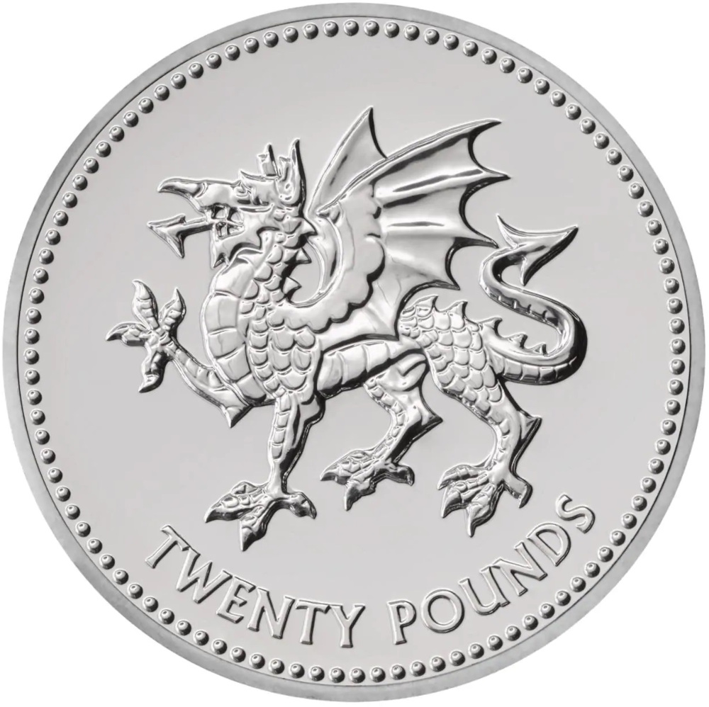 20 Pounds - Elizabeth II Welsh Dragon; Fine Silver reverse