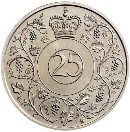 25 New Pence - Elizabeth II Silver Jubilee; Machin pattern reverse
