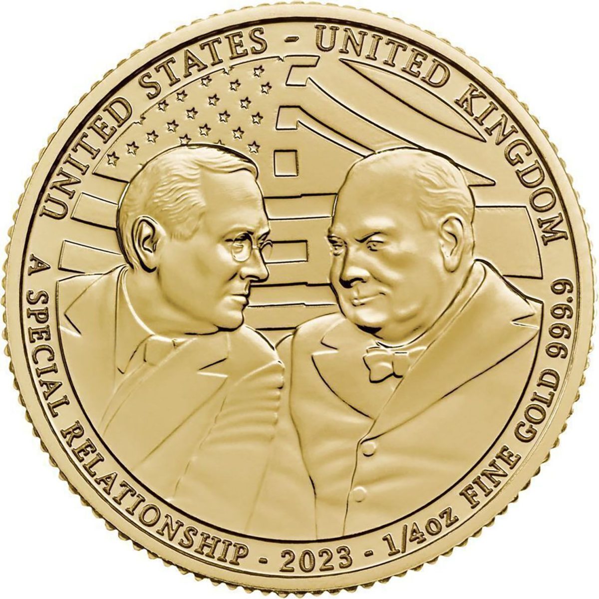 25 Pounds - Charles III Churchill and Roosevelt; 1/4 oz Fine Gold