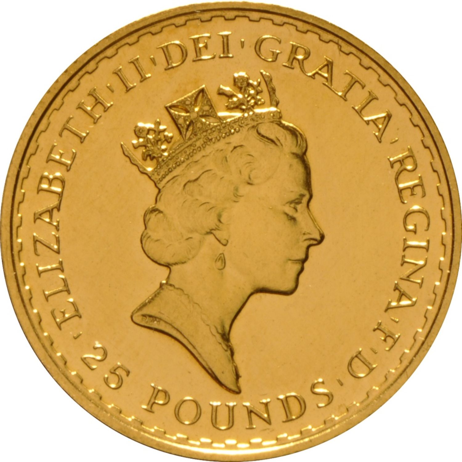 25 Pounds - Elizabeth II 3rd portrait; 1/4 oz Fine Gold obverse