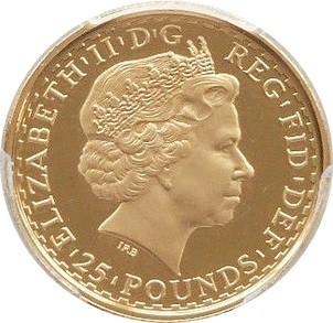 25 Pounds - Elizabeth II 4th portrait; 1/4 oz Fine Gold obverse